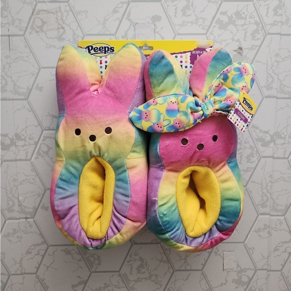 New Kids Easter Peeps Plush Bunny Rainbow Slippers, Size M 13-1